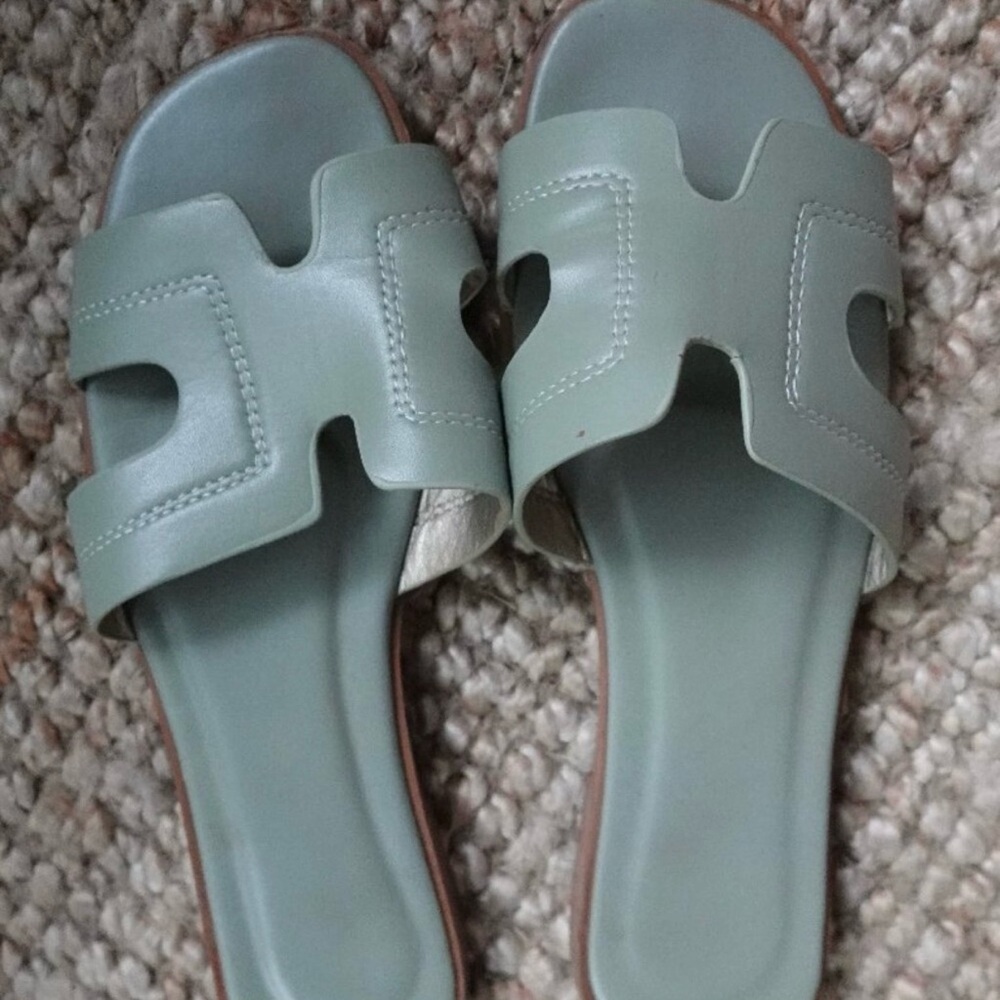 Sage Green H Style Flat Sandals 7